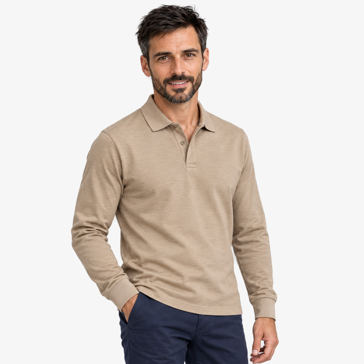 Joris polo met lange mouw in beige, voorkant