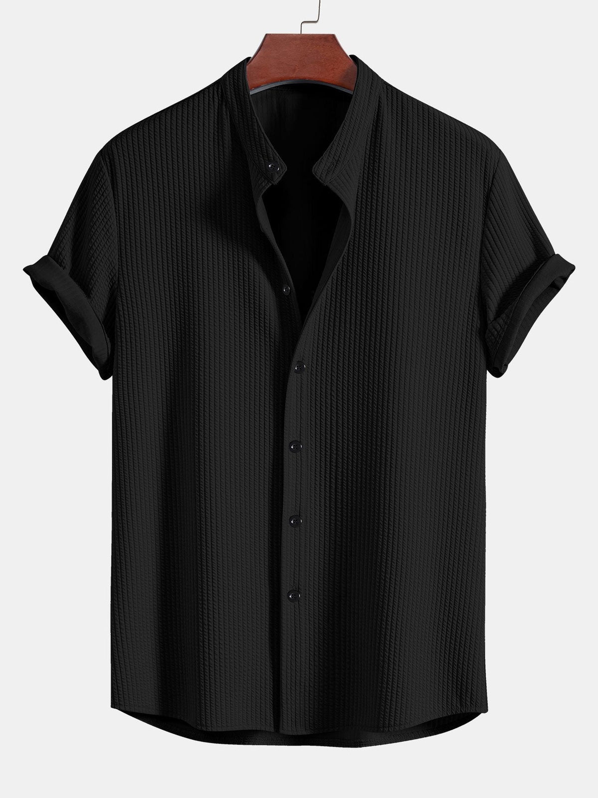 Muscle Fit Geribbelde Staande Kraag Shirt